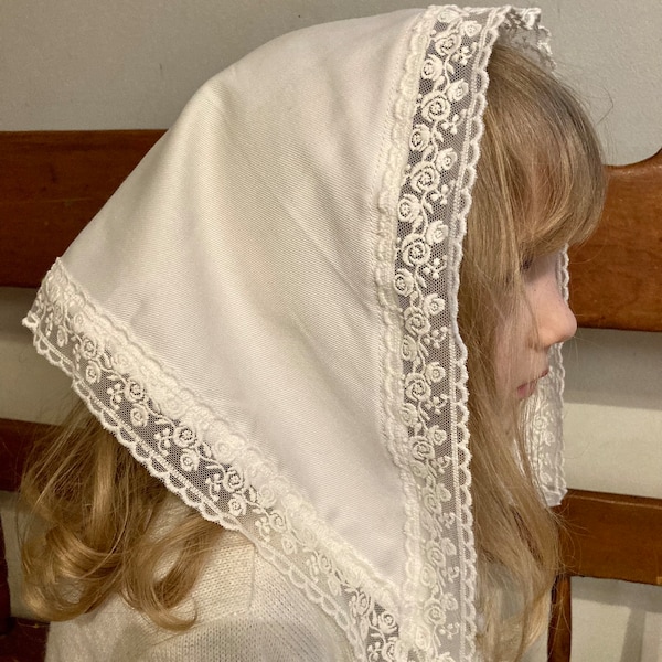 Chapel Veil/Mantilla for little girls and toddlers, Catholic Mass. White triangle kerchief veil with sewn-in headband.
