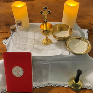 Mini Catholic Kids’ Mass Kit- Pretend play, Catechesis of the Good Shepherd, real metal Chalice, Ciborium, Paten; Altar with storage