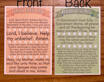 Prayer Card for Catholic Kids- Prayers before and after mass, durable laminated cards: stocking stuffer, Easter basket, sacraments
