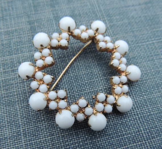 Vintage Milk Glass Gold Plated Brooch / White Mil… - image 1