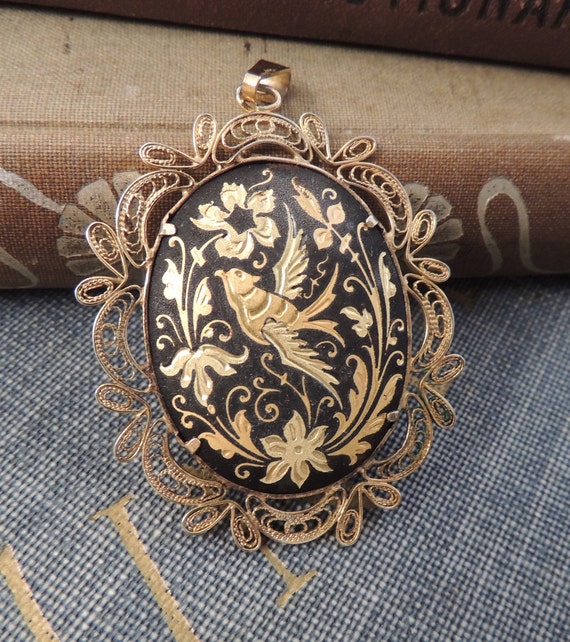 Vintage Damascene Filigree Pendant / Damascene Jew