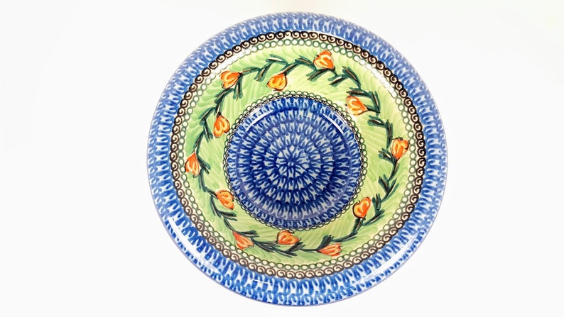 Signature 451-U Series Pottery Vintage Boleslawiec Polish Stoneware Tulips Small Rolled Lip Bowl