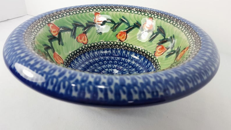 Signature 451-U Series Pottery Vintage Boleslawiec Polish Stoneware Tulips Small Rolled Lip Bowl