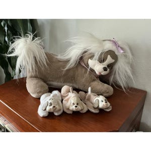 Vintage Pink Purple White Puppy Surprise Dog with 3 Pups Coco EUC