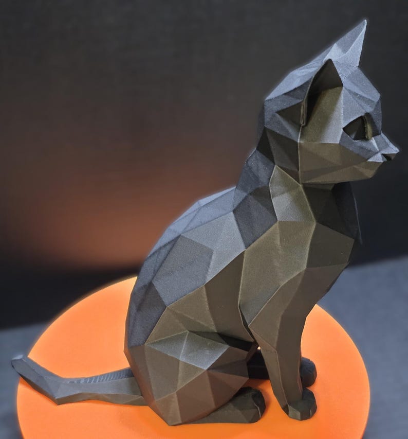 3D Printed Cat Sitting, Black Low Poly - Etsy