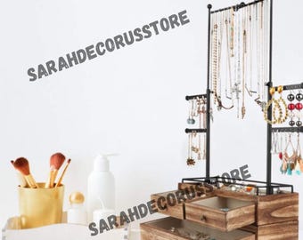 2 Layer Wooden Jewelry Drawer Storage Box with 6 Tier Jewelry Tree Stand | Earning Box | Wood Jewelry Case | Wood Ring Tray | Watches Holder