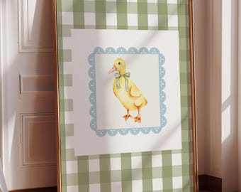 Silly Goose Nursery Wall Art Printable ,Green Gingham Duck Decor, Vintage Farm Baby Room
