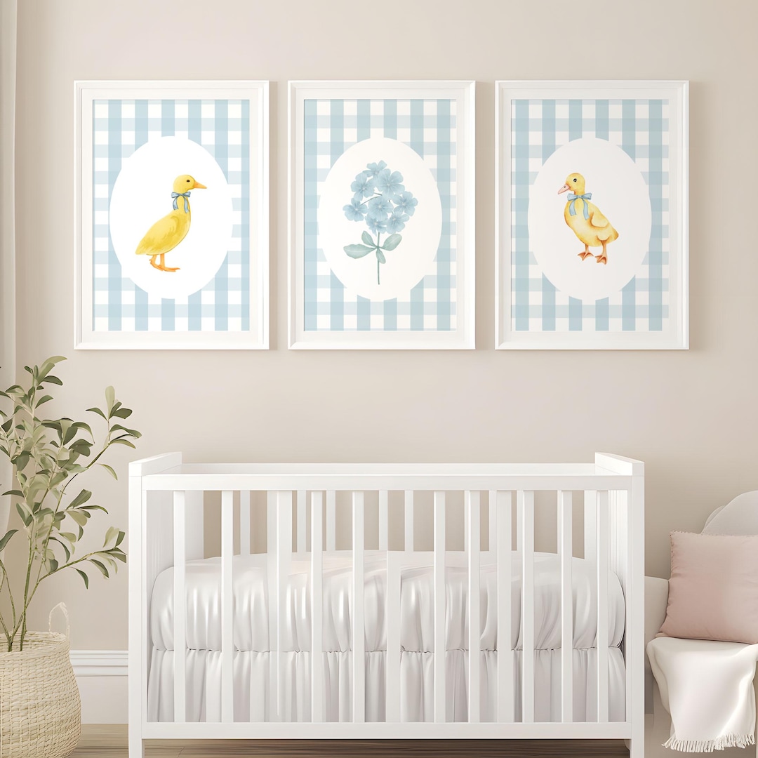 Goose Nursery Wall Art Set of 3, Vintage Floral Gingham Baby Room Decor ...