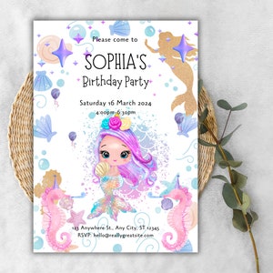 Carte d'anniversaire sirène modifiable, modèle d'invitation d'anniversaire de petite sirène, invitations de fête d'anniversaire de princesse, anniversaire sous la mer