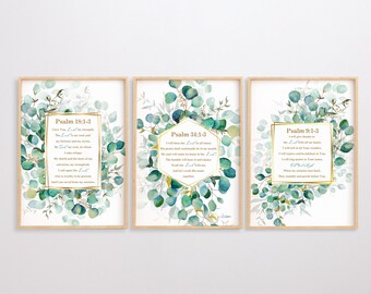 Set of 3 Prints Printable Bible Verse Wall Art, Psalm 9, Psalm 18, Psalm 34, Modern Christian Art Scripture living room above couch poster