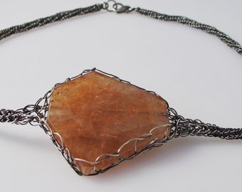 Peach Quartz Fine Silver Woven Chain Choker