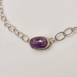 Charoite Bar Necklace with Heavy Sterling Chain with Sterling Infinity Clasp image 1