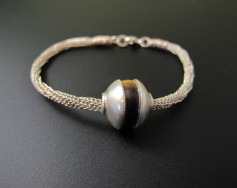 Woven Chain Bracelet with a Bead Style Charm in sterling and Tiger eye