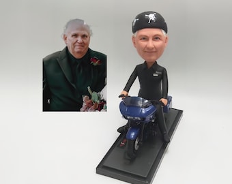 Personalized Motorcycle Enthusiast Dad Bobblehead Sculpture from Photograph, Custom Father Memorabilia Keepsake Collectible Present