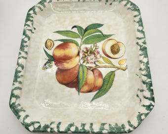 Ceramica Due Torri Italy Peach Botanical Rectangular Ceramic Serving Tray Green