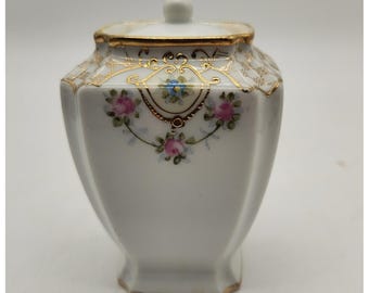 Antique Nipon Hand Painted Porcelain Sugar Trinket Urn Lid Gold Trim Roses