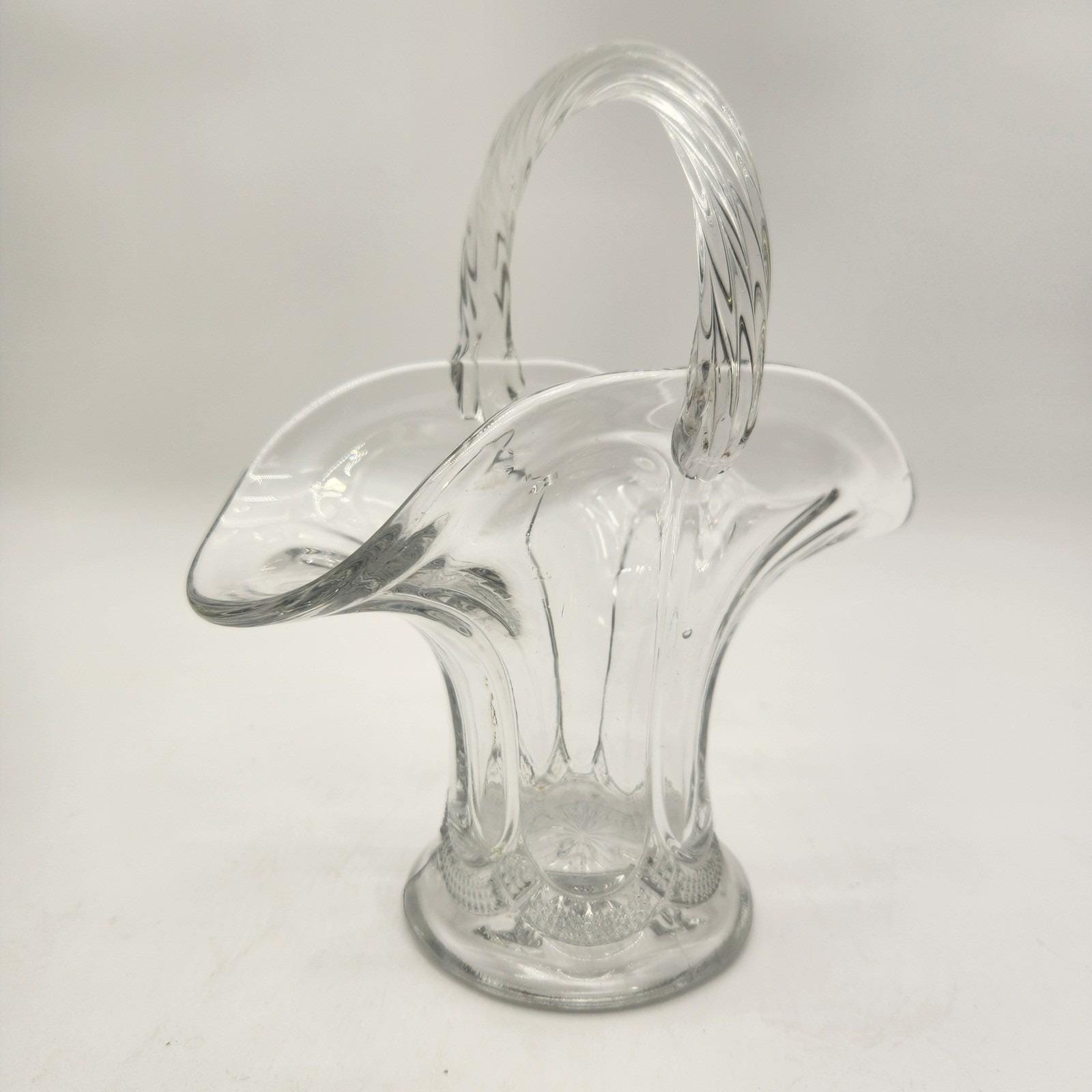 Antique Clear Pressed Glass Basket Twisted Rope Handle Diamond Point Base EAPG