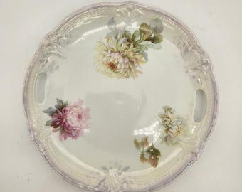 Antique Germany Porcelain Floral Serving Plate Iridescent Luster Mums Scalloped
