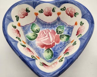 Ancora Italy Bol de cerámica pintado a mano con forma de corazón Rosas rosas Azul Blanco 11366