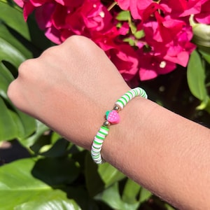 Cute Strawberry Pink and Green Clay Bead Summer Bracelet