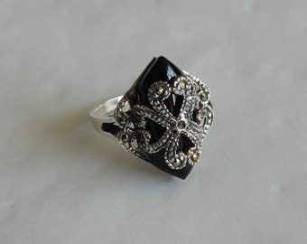 Bague Art Déco Argent Onyx Markasiten