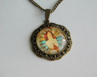 Collier Pendentif Bronze Cabochon Rouge Style Gothique - Longueur 46-50 Cm - Neuf, Pochette Offerte