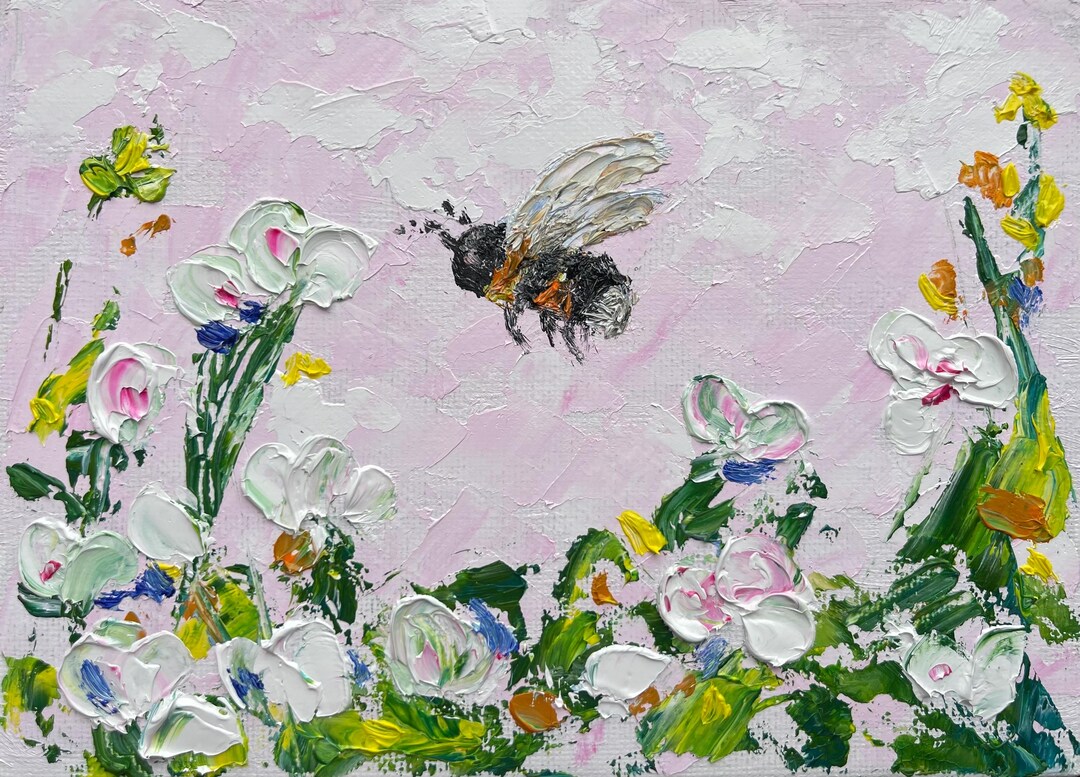 Honey Bee Impasto Oil Painting Flower Original Knife Bee Wall Art - Etsy