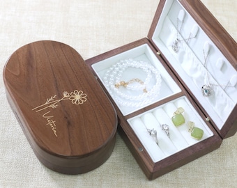 Personalized Wooden Jewelry Box with Birth Flower, Custom Travel Jewelry Case for Her, Engraved Bridesmaid Proposal Gift, Birthday Gift Mom