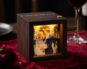 Custom Photo Flipbook Box, Personalized Wooden Hand Crank Animation Box with Light, Anniversary Gift for Couple, Wedding Keepsake