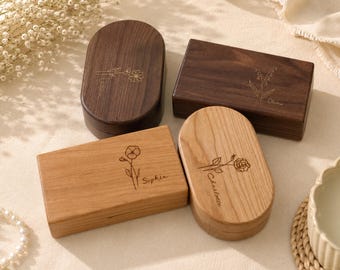 Personalized Wooden Jewelry Box with Birth Flower, Custom Travel Jewelry Case for Her, Engraved Bridesmaid Proposal Gift, Birthday Gift Mom