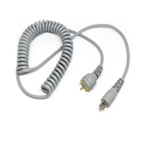 May include: A coiled gray cable with two connectors. One connector has three gold-colored pins, and the other has four. The coiled section of the cable is thick and spring-like, while the connectors are smooth and cylindrical.