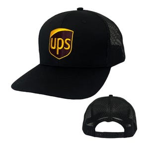 UPS Hat - Black structured ups trucker hat w/ embroidered logo- breathable mesh and sweatband snapback