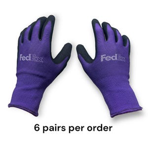 May include: A pair of purple work gloves with black fingertips and the FedEx logo printed on the back of each glove.  6 pairs per order.