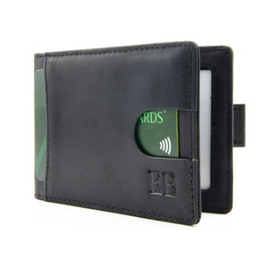 Cartera personalizada para hombre con bloqueo RFID, delgada, plegable, de cuero genuino, minimalista, con clip para dinero, correa para tirar, regalo único para hombres (Angus Black)