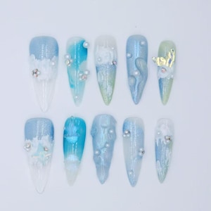 Glitter Ocean Blue Sea Waves Cat Eye Nail Chrome French Tips Aurora Press on Nail/Beautiful Fun Ocean Inspired Nails |Summer Holiday Nail