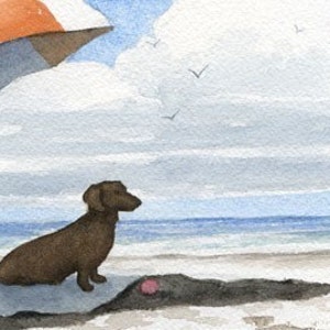 DACHSHUND Art Print "Dachshund At The BEACH" Watercolor by Artist D J Rogers