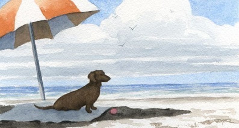 DACHSHUND Art Print Dachshund At The BEACH Watercolor by Artist D J Rogers image 1