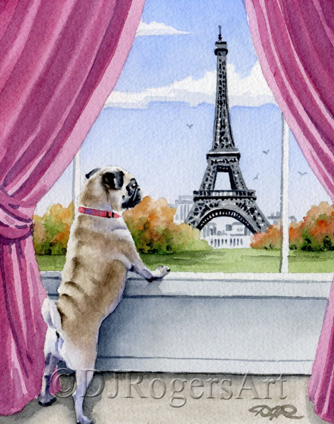 Pug Art Print pug in Paris by Watercolor Artist DJ Rogers Etsy
