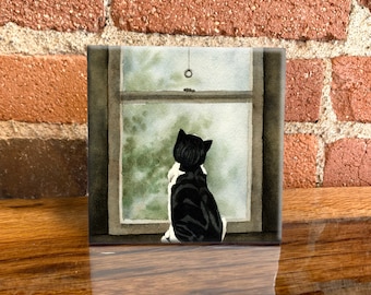 Cat at Window Ceramic Tile - Cat Decorative Tile - Cat Lover Gift - Unique Cat Gifts