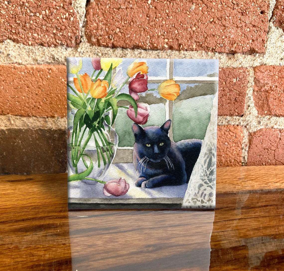 Black Cat Ceramic Tile Black Cat Decorative Tile Cat Lover Etsy