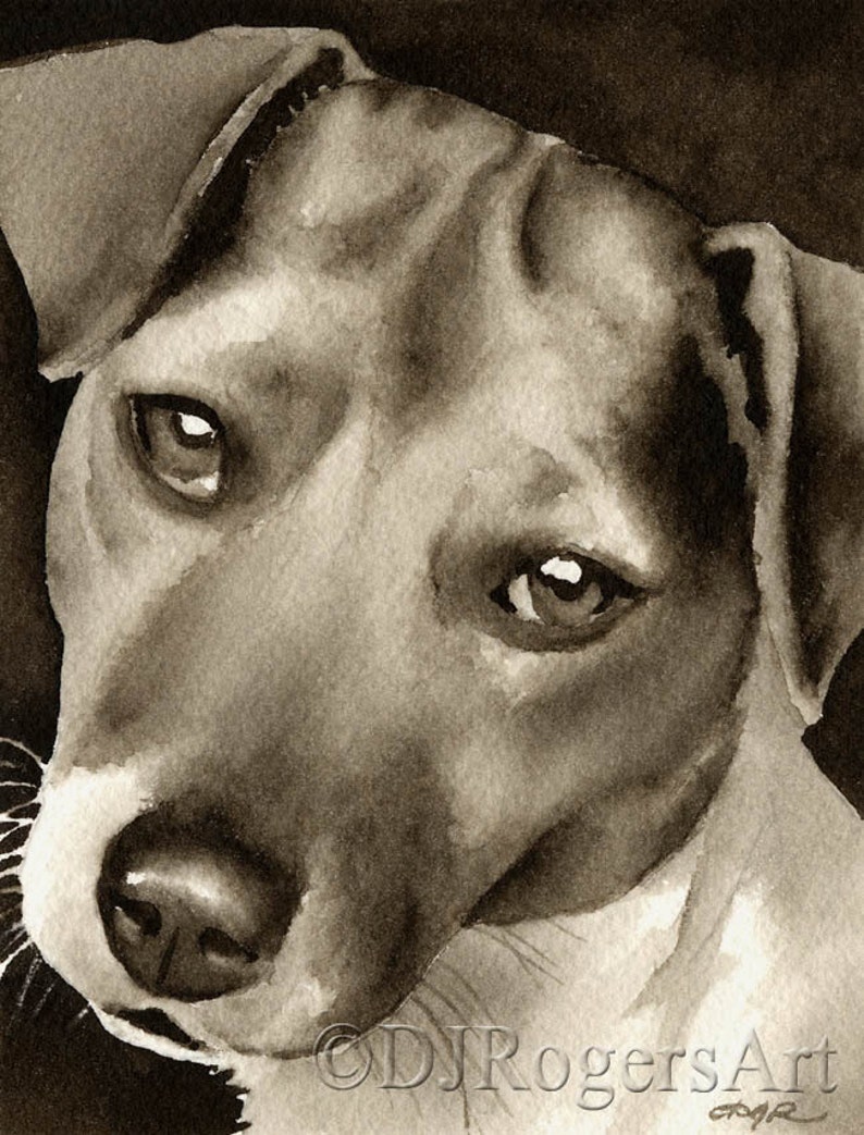Pit Bull Terrier Puppy Art Print Sepia Watercolor Painting by Artist DJR