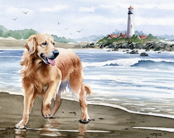 Golden Retriever Art Print &quot;GOLDEN RETRIEVER At The Beach&quot; Watercolor by Artist D J Rogers