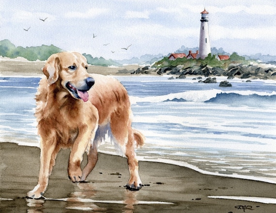 Golden Retriever Art Print golden RETRIEVER at the Beach Watercolor by Artist D J Rogers Etsy Ireland