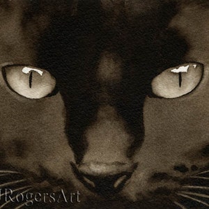 BLACK CAT Sepia Art Print by Watercolor Artist DJ Rogers