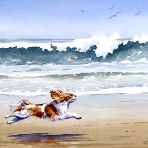 Cavalier King Charles Spaniel Art Print Beach Watercolor by Artist DJ Rogers