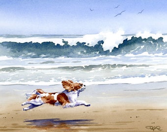 Cavalier King Charles Spaniel Art Print Beach Watercolor by Artist DJ Rogers