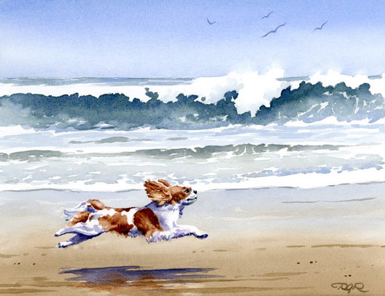 Cavalier King Charles Spaniel Art Print Beach Watercolor by Artist DJ Rogers image 1