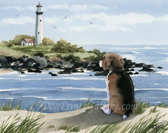 Beagle at the Beach Art Print by Watercolor Artist DJ Rogers