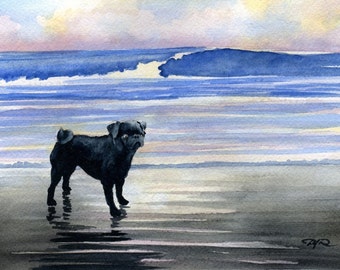 Schwarzer Mops Kunstdruck "BLACK PUG Sunset" Aquarell von Künstler D J Rogers