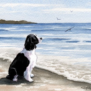 SPRINGER SPANIEL Art Print "Black Springer Spaniel At The Beach" Watercolor by Artist DJ Rogers